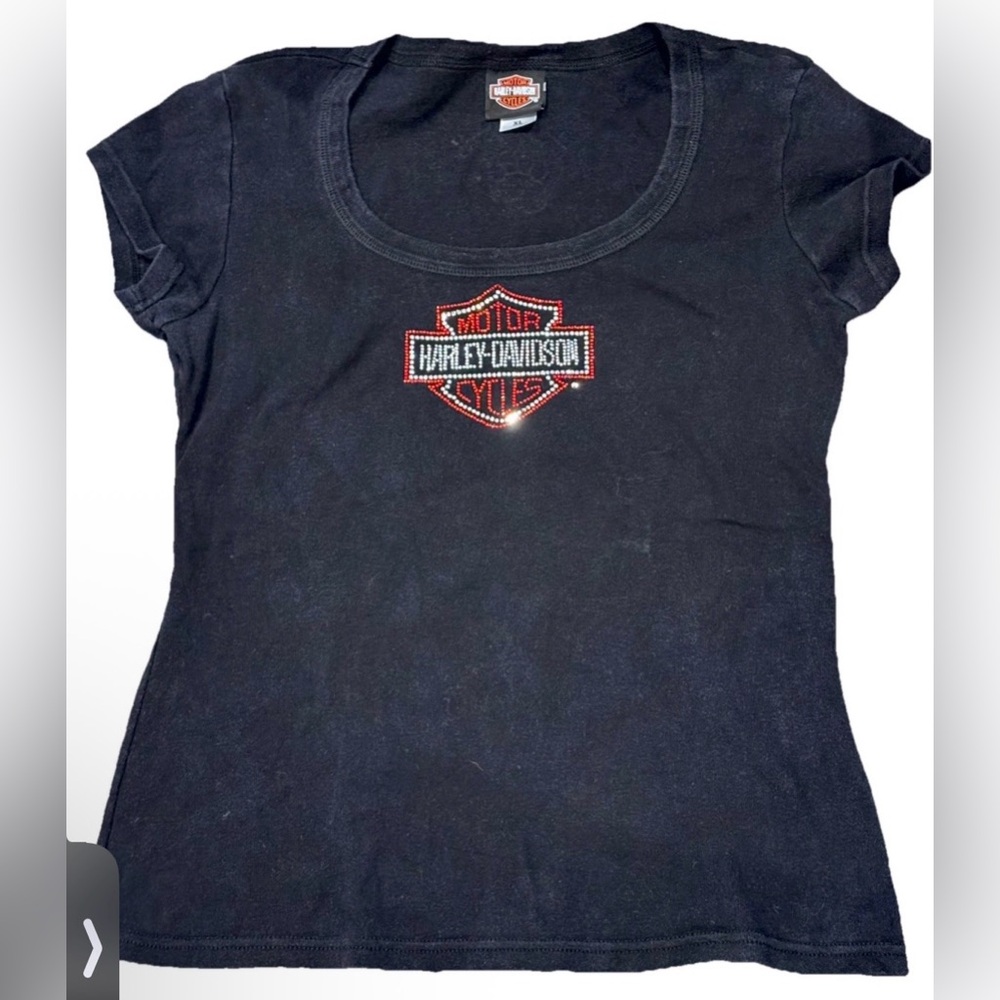 Harley-Davidson Black Tee with Red and Silver Rhinestone Logo XL Womens